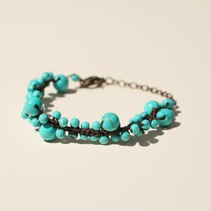 Turquoise Tone Beaded Macrame Bracelet Boho Handmade Adjustable Gemstone Jewelry
